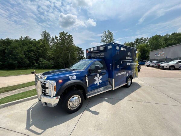 Passenger-side view of the 2026 Christian Hospital NE remounted ambulance