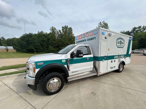 Passenger-side view of the 2026 Leavenworth County EMS AEV Traumahawk ambulance