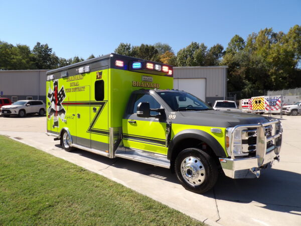 2026 Brainard Volunteer Fire & Rescue Ford Type I AEV ambulance, front passenger three quarter